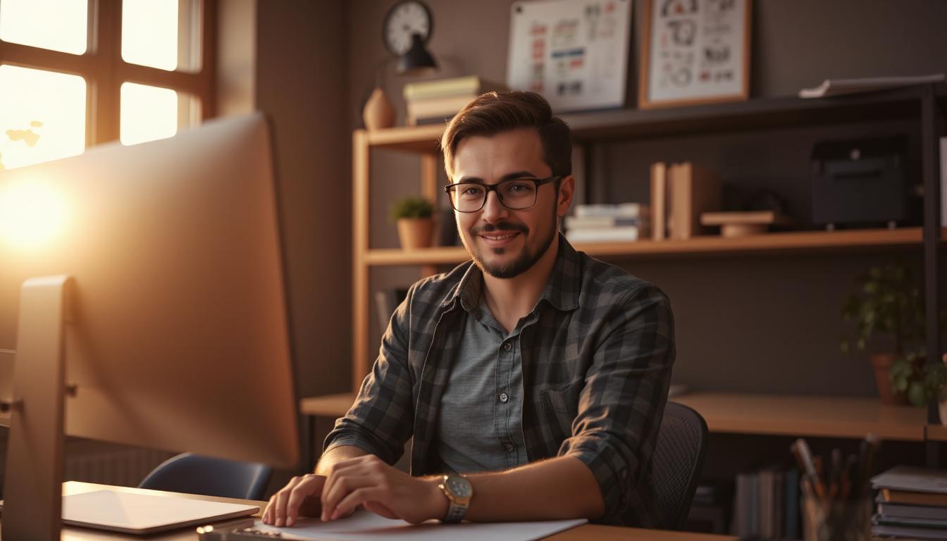 A calm developer walking away from their screen with confidence, background showing code and diagrams left behind, golden hour light entering through the window