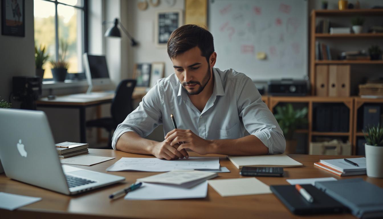 A creative person at a desk with scattered notes and a laptop