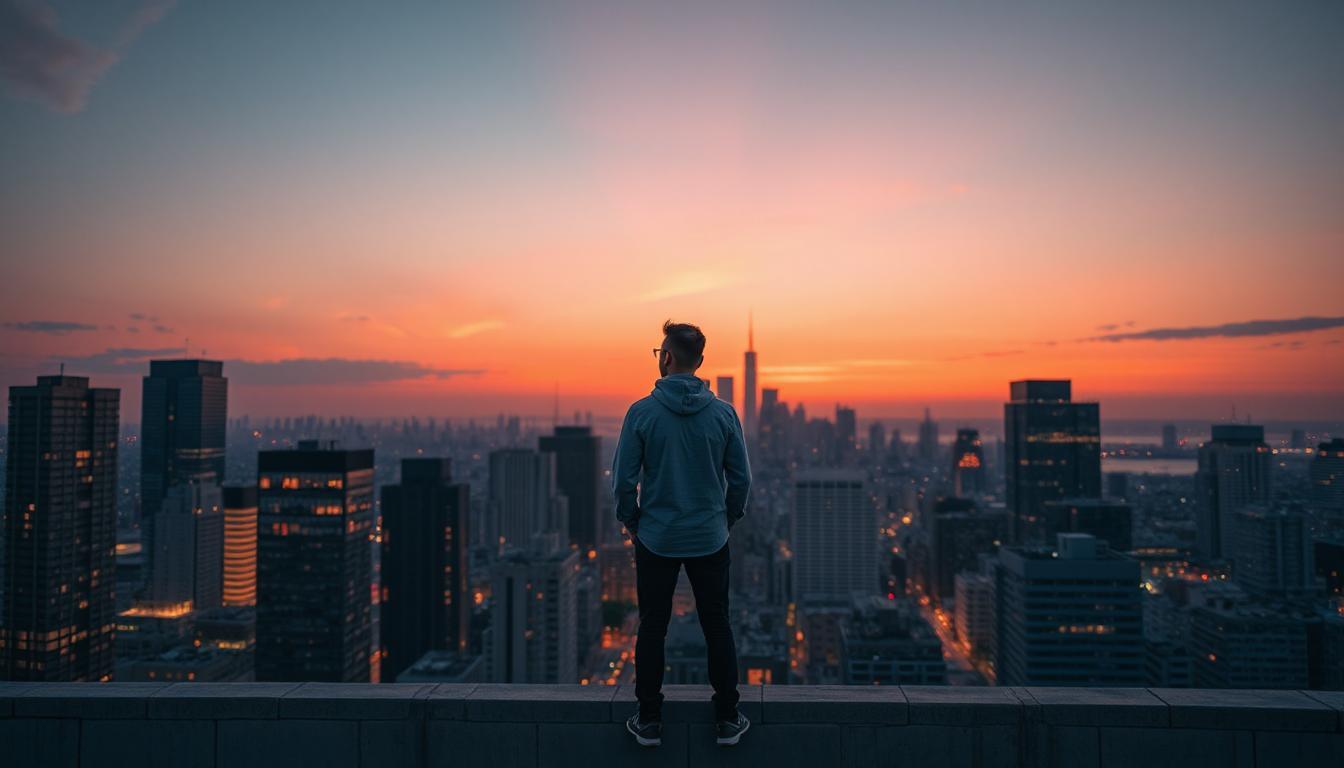 Person on rooftop at sunset, city skyline made of softly glowing, modular app-like blocks below, hands in pockets