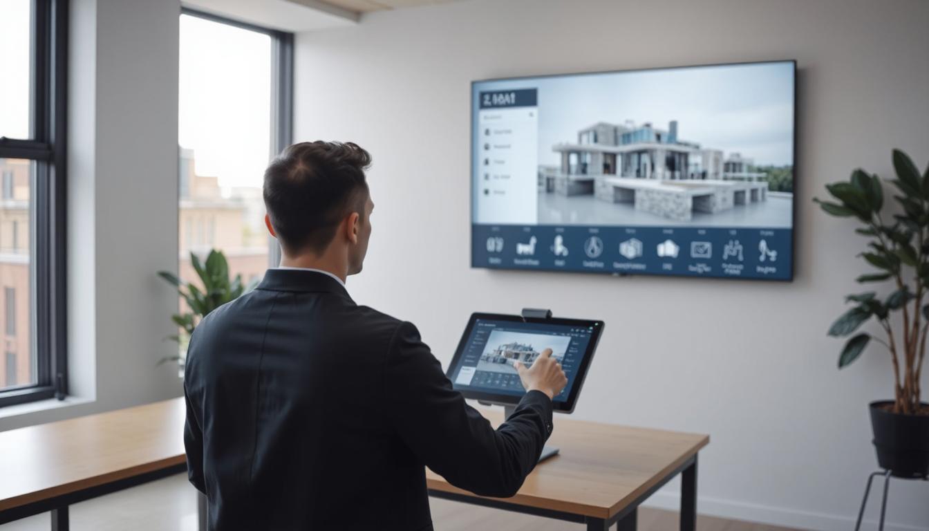 Developer selecting from export formats on a touchscreen while an AI dashboard displays options, clean room with a digital board showing architectural diagrams