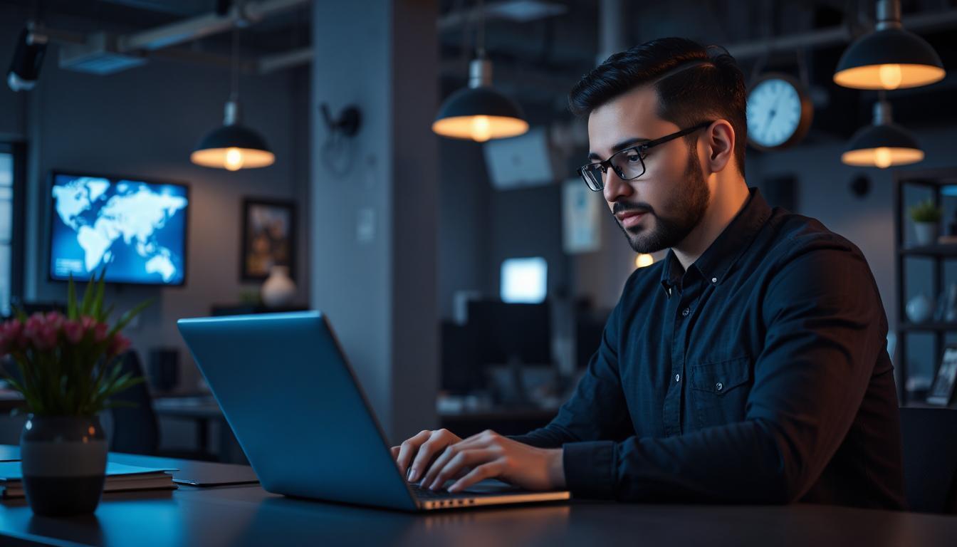A confident developer using AI on a laptop