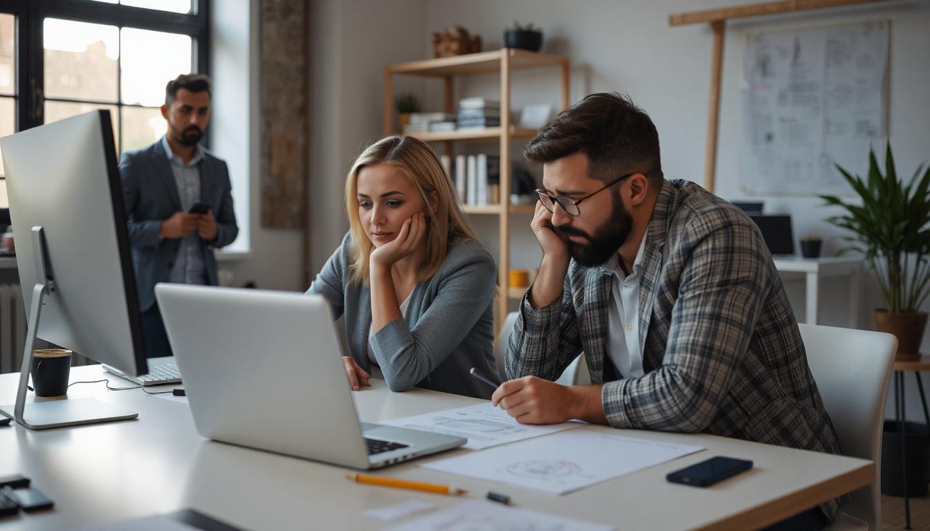 Designer and developer collaborating at a desk with sketches and laptop open to chatbot UI, frustrated user feedback visible on one screen