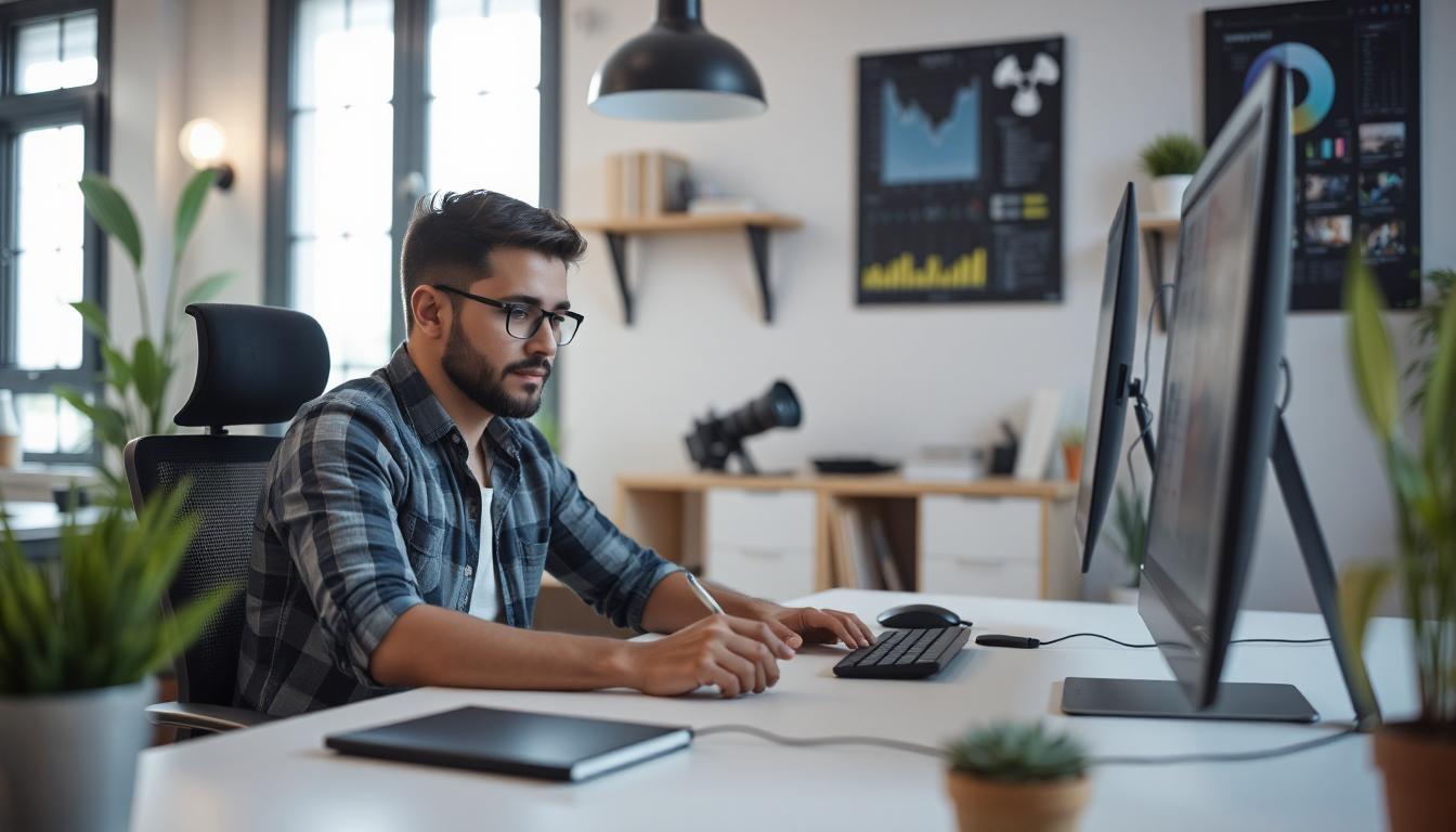 A solo developer working efficiently at a clean tech workspace