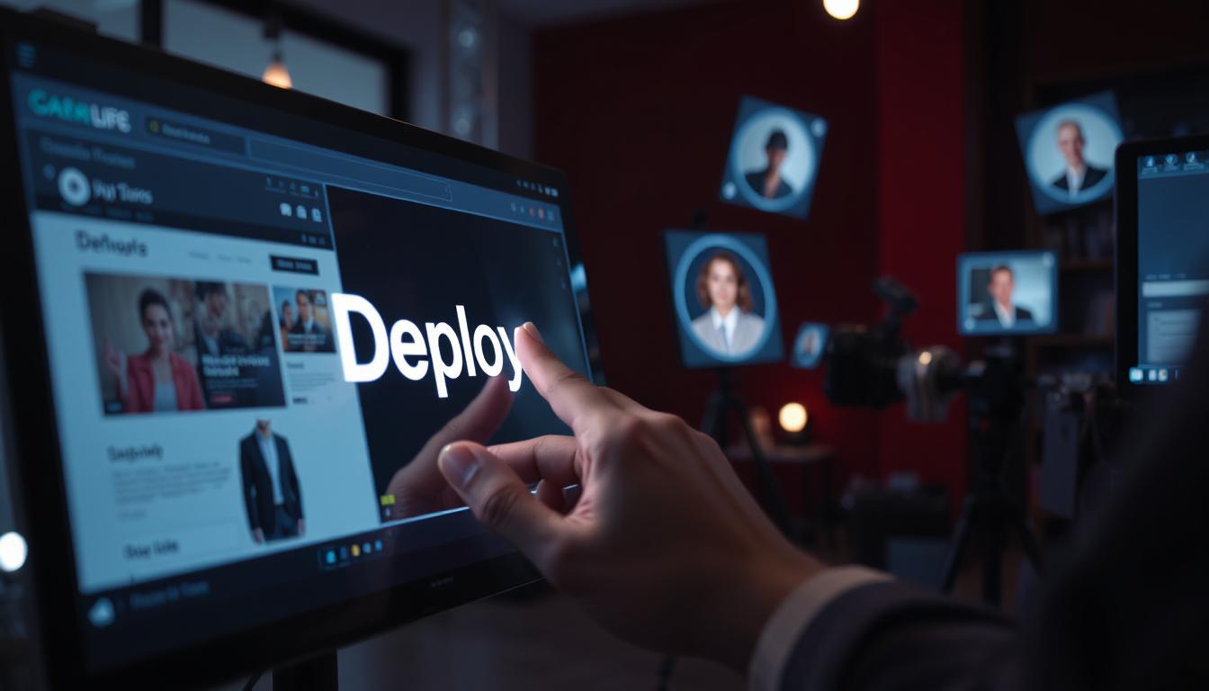 A glowing "deploy" button being tapped on a smart display while a website appears live on multiple floating screen