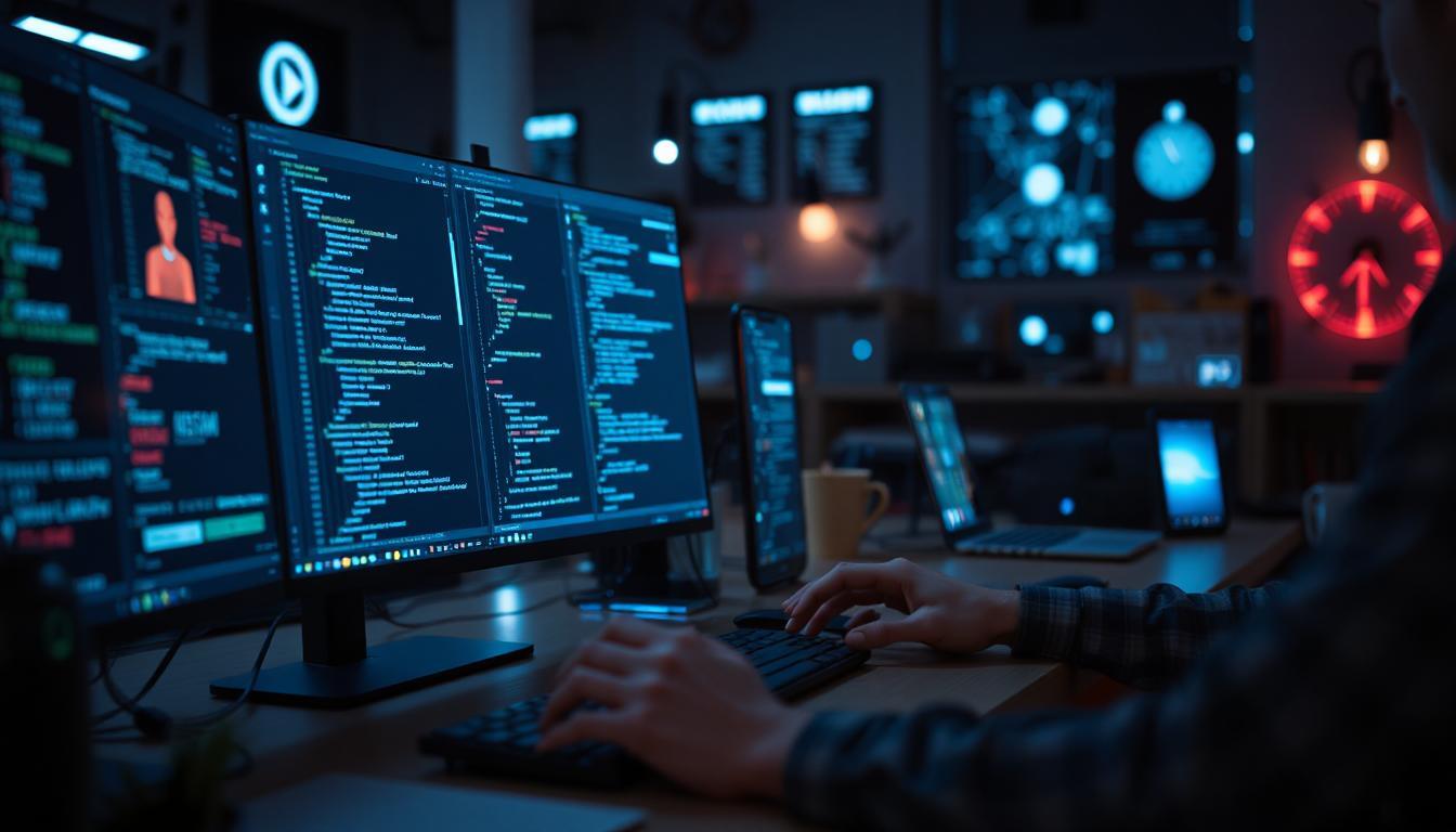 A modern workspace with futuristic coding screens