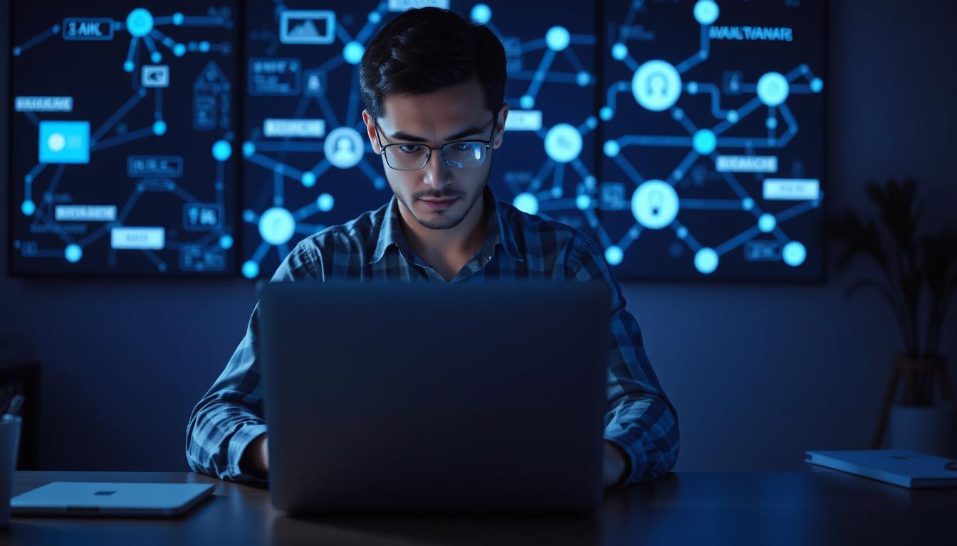 Developer confidently closing laptop with a finished AI-generated project visible behind them, glowing blue interface elements in background, calm mood