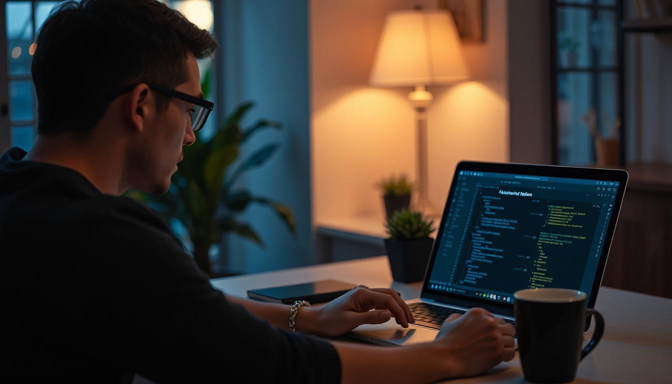 Developer watching AI-generated documentation flow onto a tablet screen while writing code on a laptop
