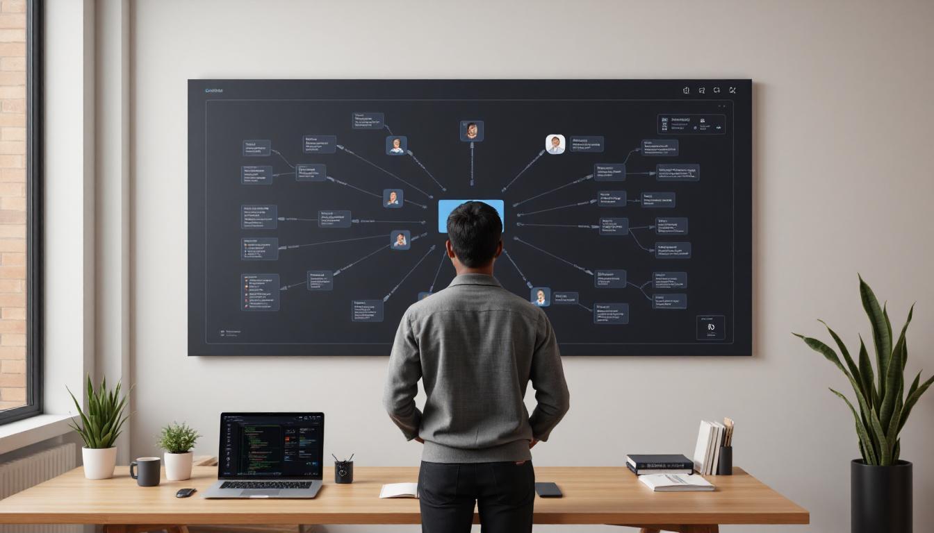 A developer standing in front of a mind-map-style UI representing AI memory