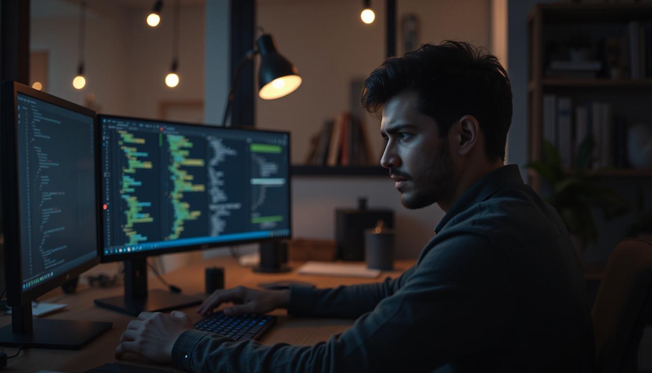 A developer looking slightly frustrated while working alone with multiple screens showing AI-generated code, dim ambient light