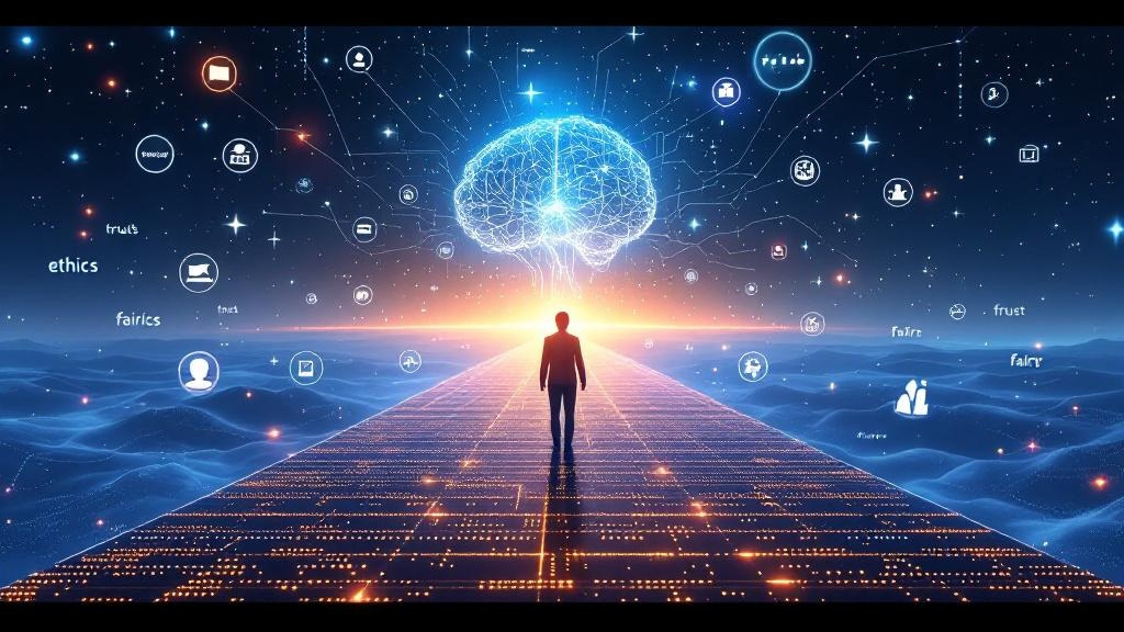 futuristic scene where a person is walking towards holographic brain