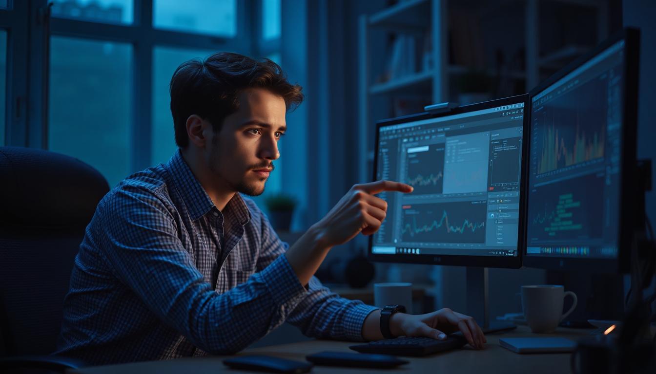 Developer examining AI output logs with a confused look, glowing monitor with graphs and side-by-side prompt comparisons,