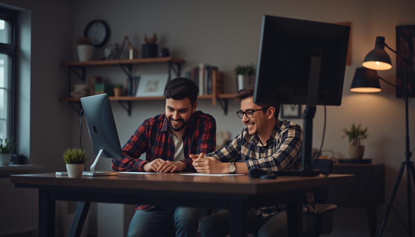 Two developers pair-programming at a standing desk, relaxed posture, laughing while reviewing code