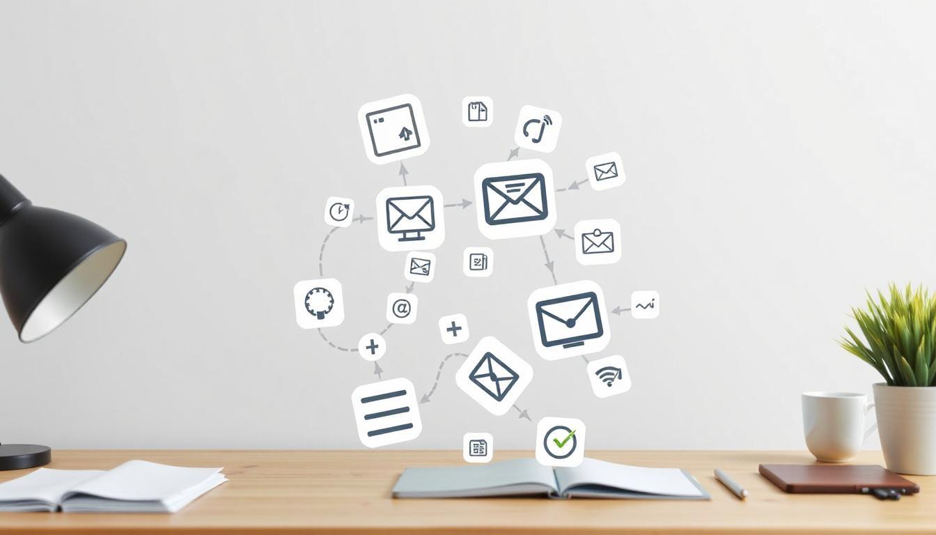 Workflow chain of icons (like mail, calendar, upload) falling apart mid-process on digital board in a clean workspace