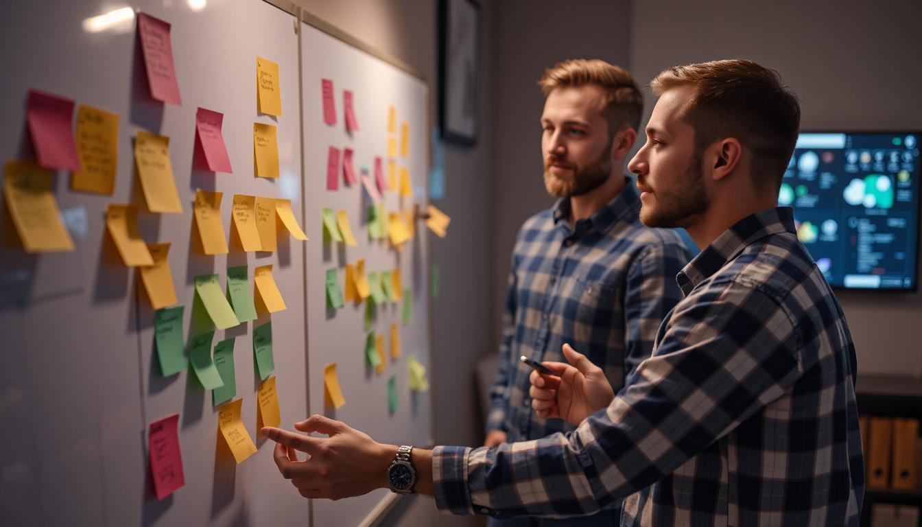 Two developers collaborating with sticky notes and whiteboards, AI interface subtly assisting from a screen in the background