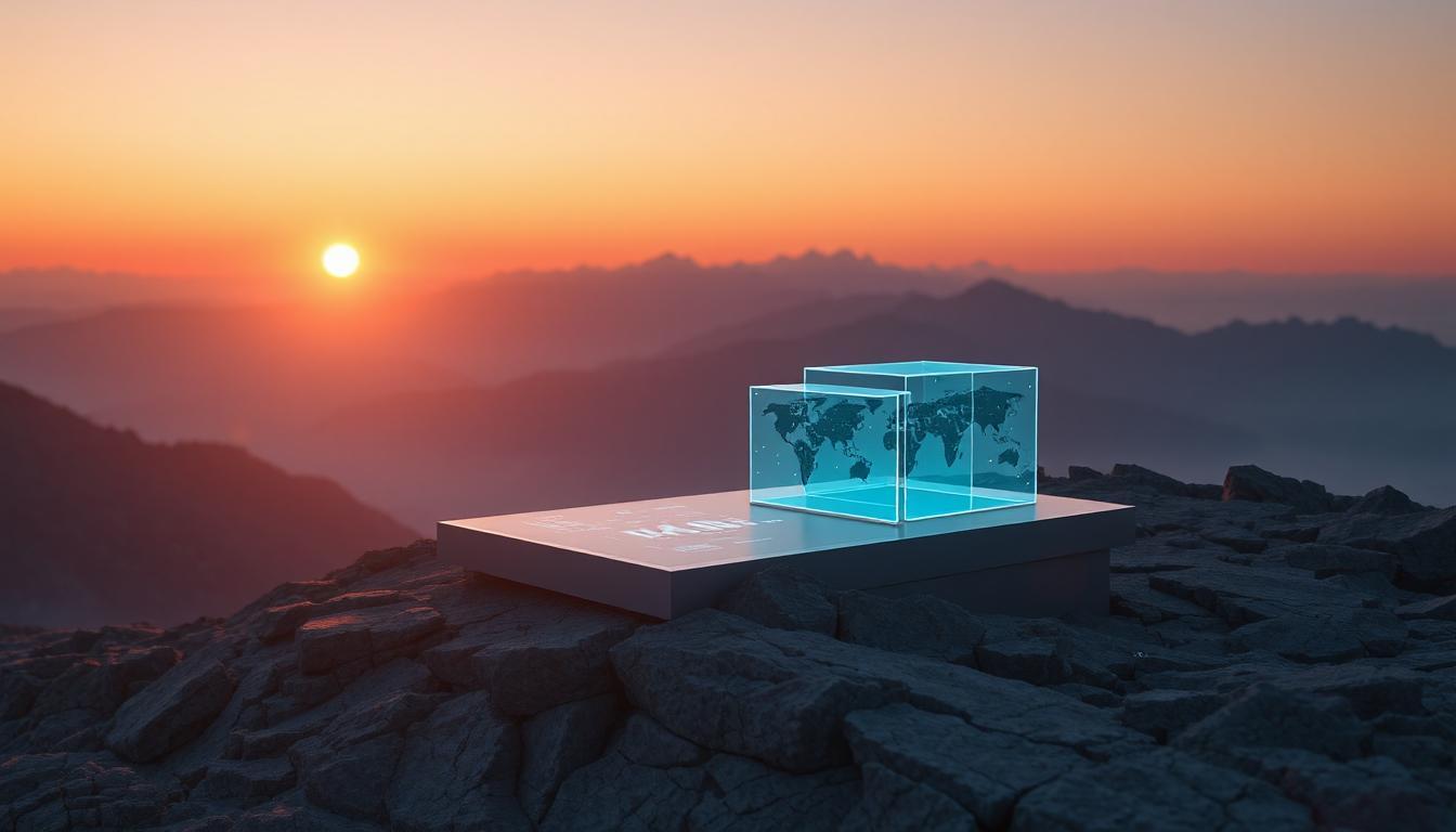 A calm mountain scene with layered glowing transparent UI panels floating in the sky
