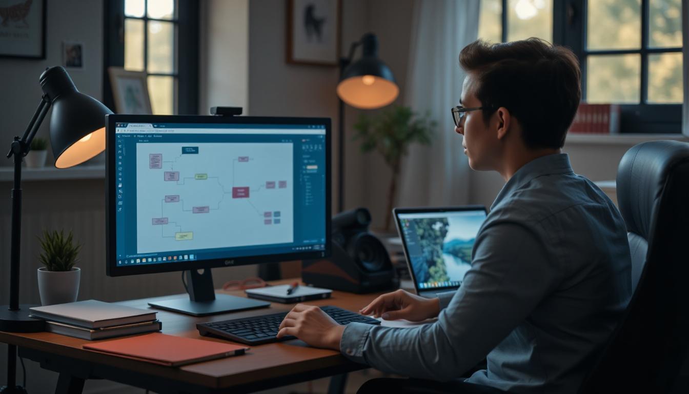 Developer reviewing a digital mind map or flowchart with prompts and logic connections