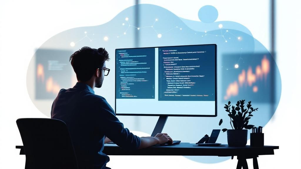 a developer sitting at a desk reviewing ai-generated content on a modern interface