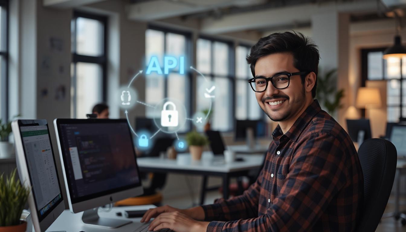Smiling developer working with a glowing, fast-building API flowchart, surrounded by symbols like lightning bolts, locks, and checkmarks