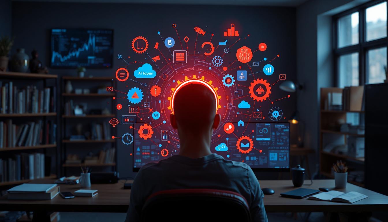 Various futuristic AI tools floating around a developer’s workspace, visual cues like gears, code, cloud, and spark elements