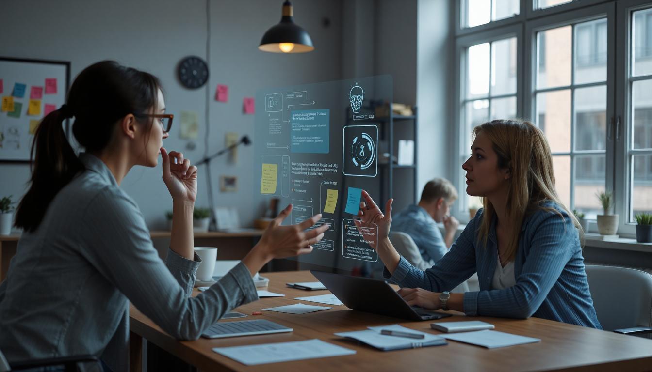 A creative workspace with two people exchanging ideas using sticky notes and hand gestures while a holographic interface displays AI code