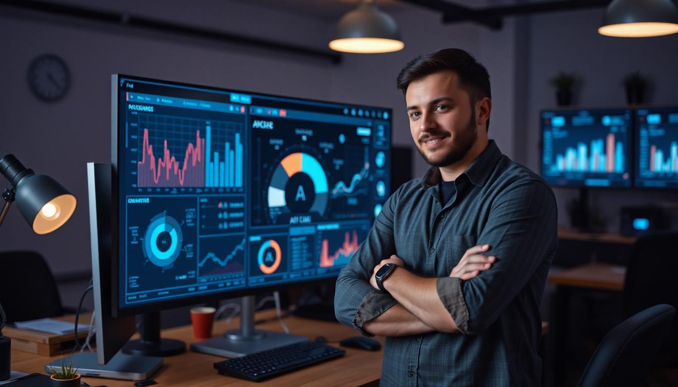 Confident developer standing beside a glowing AI system dashboard, futuristic yet practical workspace