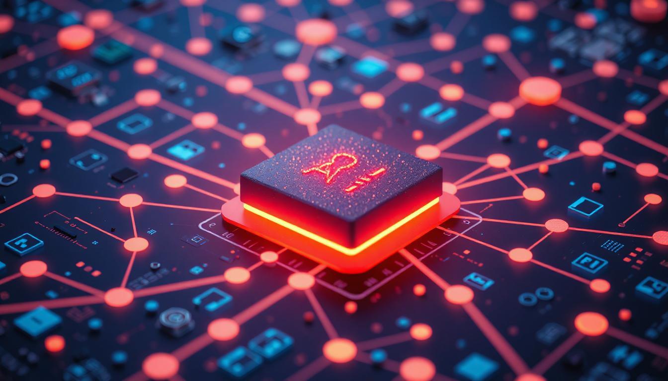 Abstract visualization of AI referencing layered memory blocks and past projects to build an API, glowing lines connecting data nodes in a developer’s digital workspace