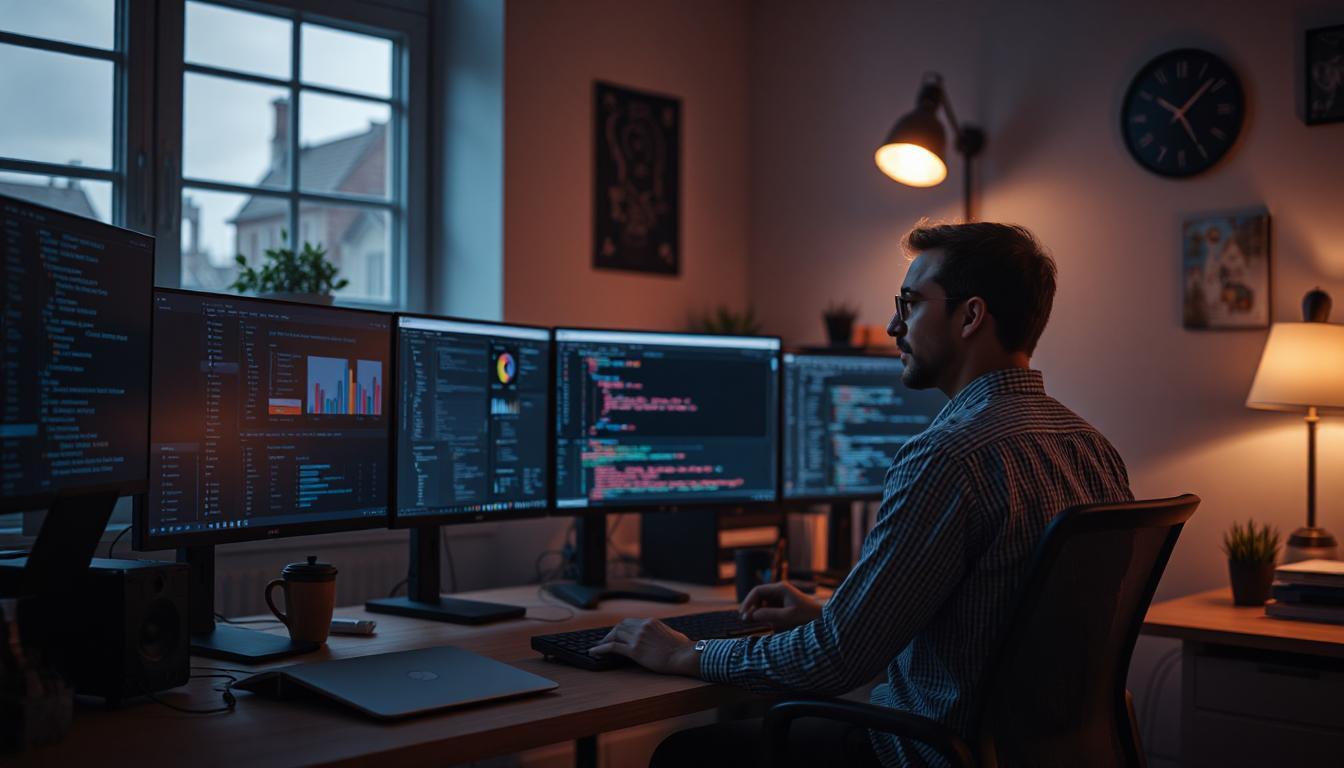 Workspace with multiple monitors showing prompt tooling dashboards, version control, and flow charts