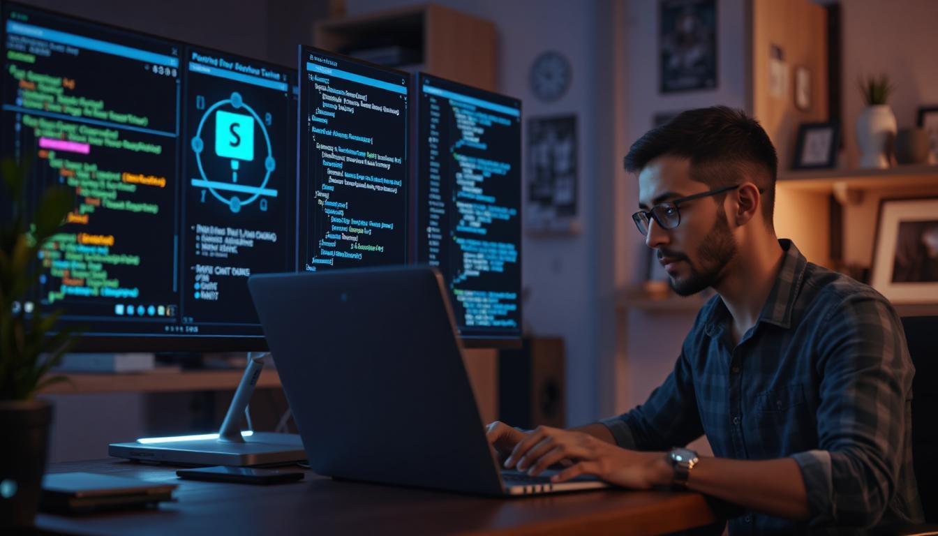 A developer sitting calmly at a desk using a laptop, backend server icons fading behind them, a holographic API interface building itself from voice or text commands