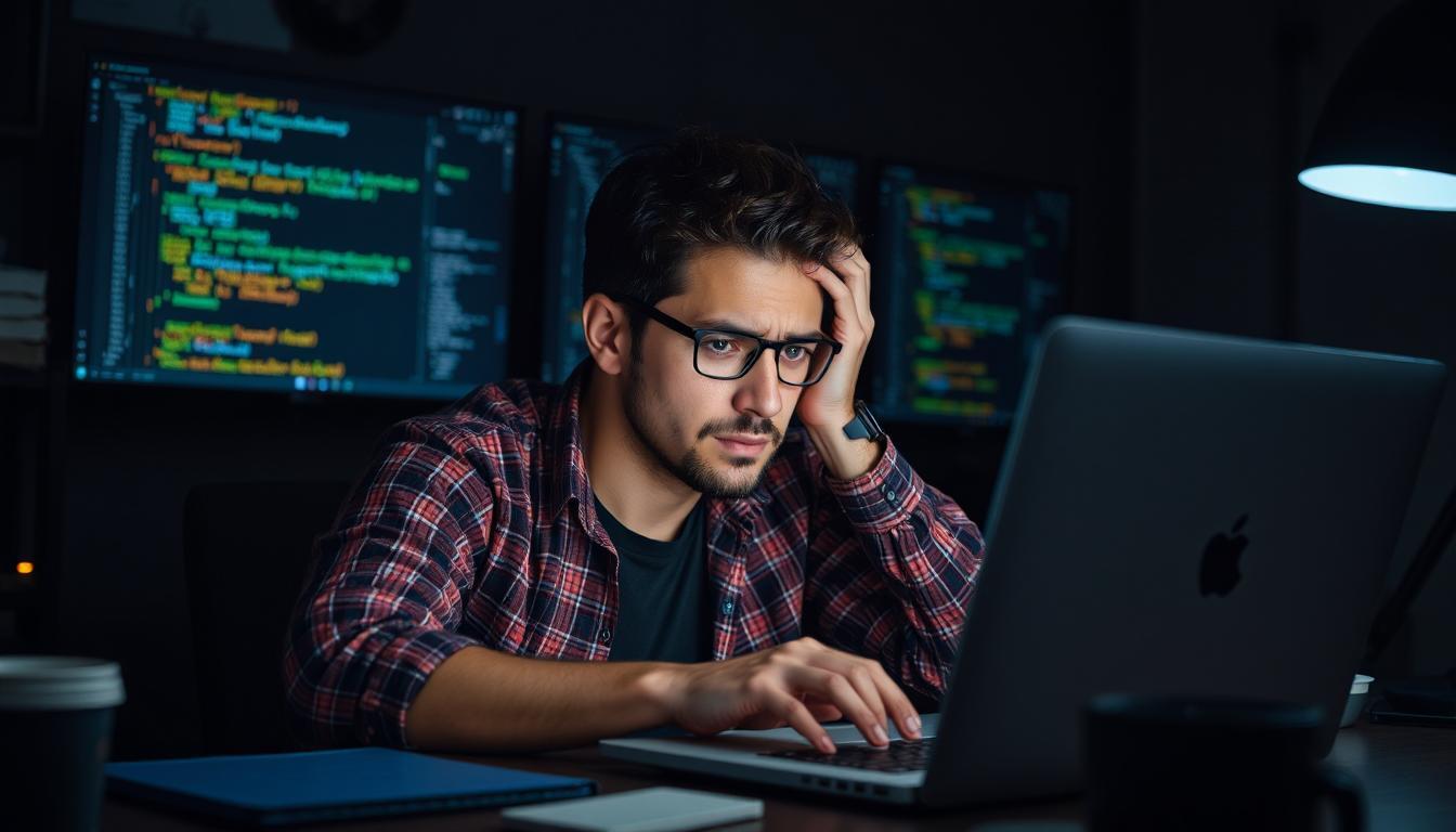 A frustrated developer surrounded by code