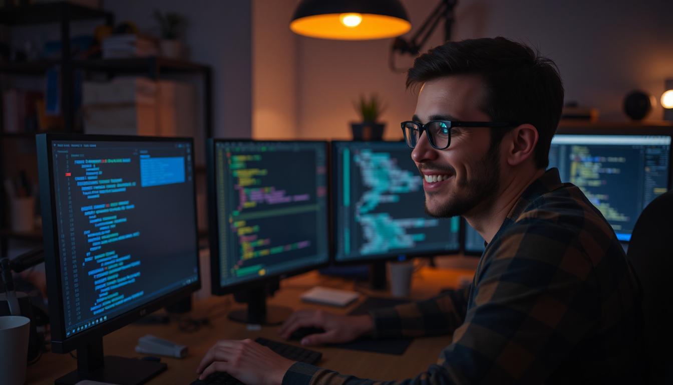 Developer smiling while reviewing AI-generated debugging suggestions on screen