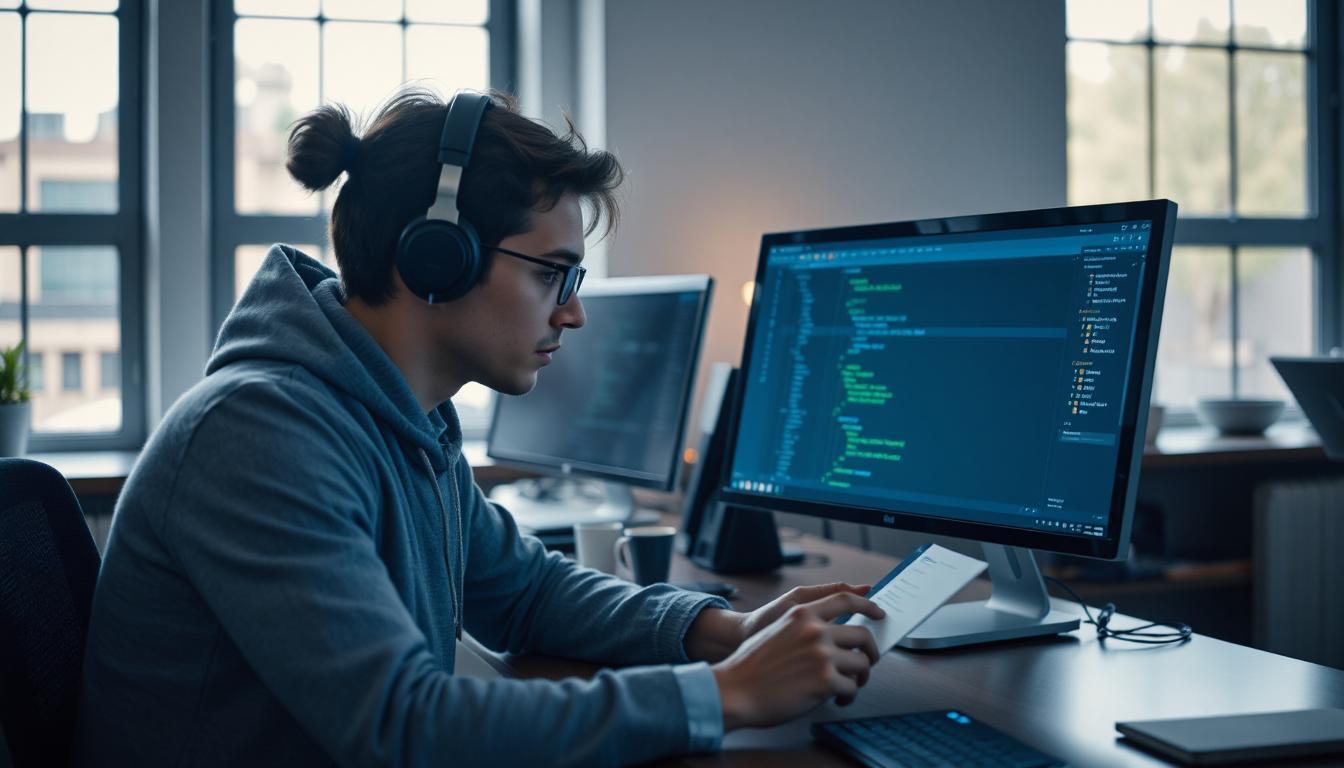 Developer reviewing reusable prompt templates while backend logic runs smoothly on another screen
