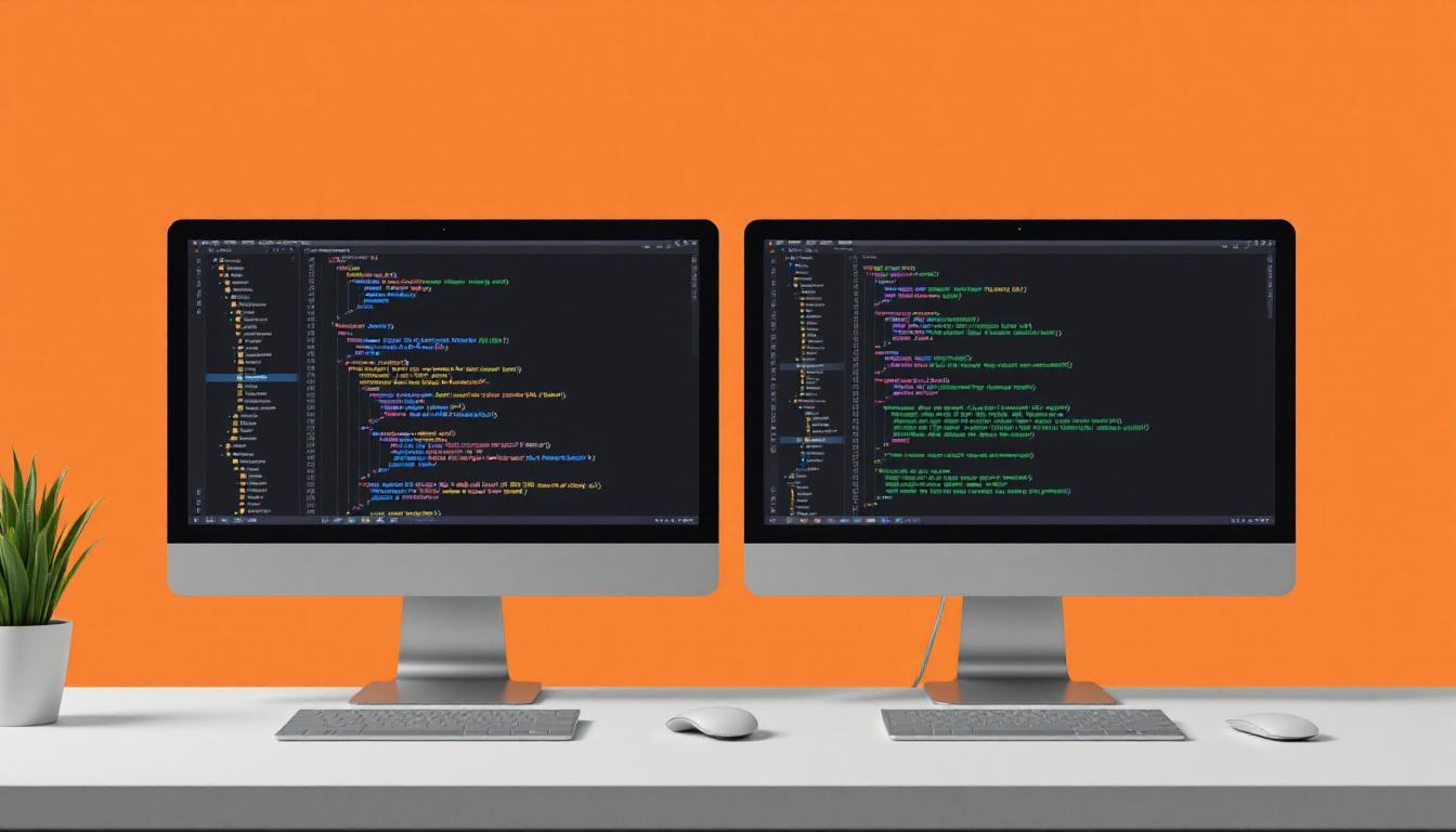 Two computer screens side by side, one showing messy program code, the other showing clean well-structured code
