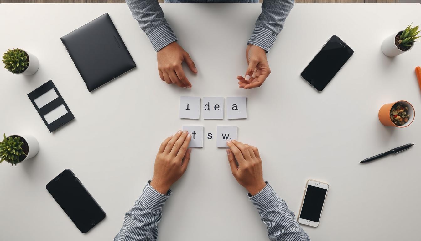 Overhead shot of hands arranging cards or tiles on a large white table