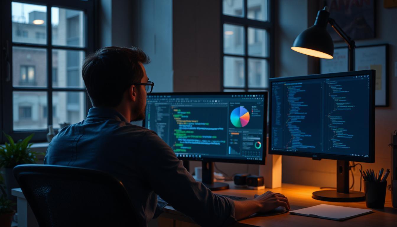 Solo developer reviewing prompt documentation on one monitor while testing on another, side view, organized workspace with sticky notes and versioning tools on screen