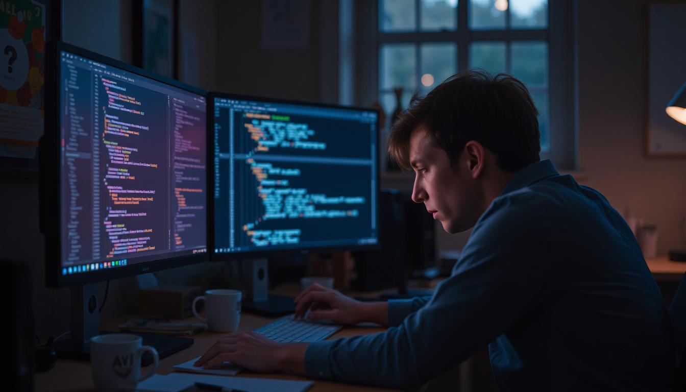 Close-up of a developer with tired eyes reviewing AI-generated code on multiple screens