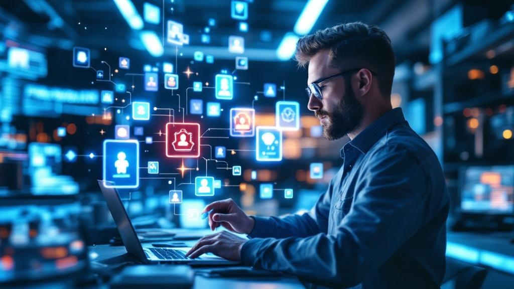 a developer working in a tech lab surrounded by holographic ui elements