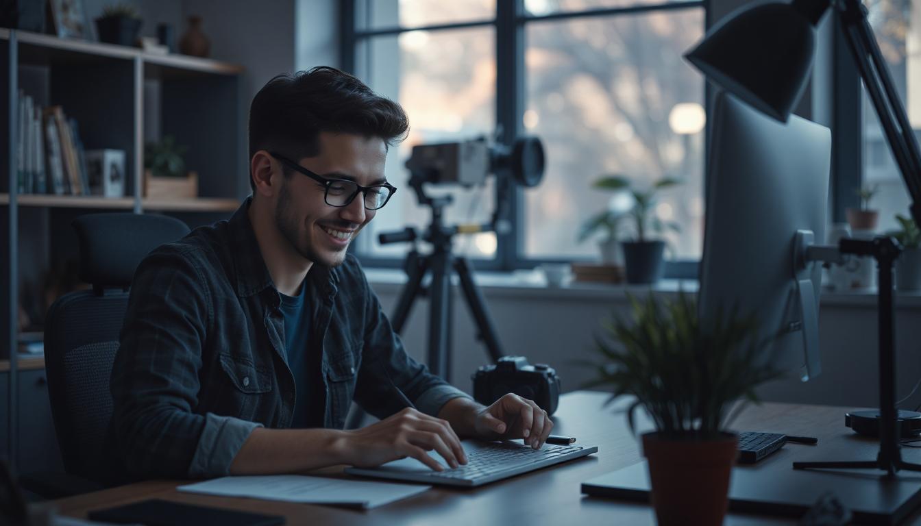 Developer in a casual workspace, writing clean code while smiling,
